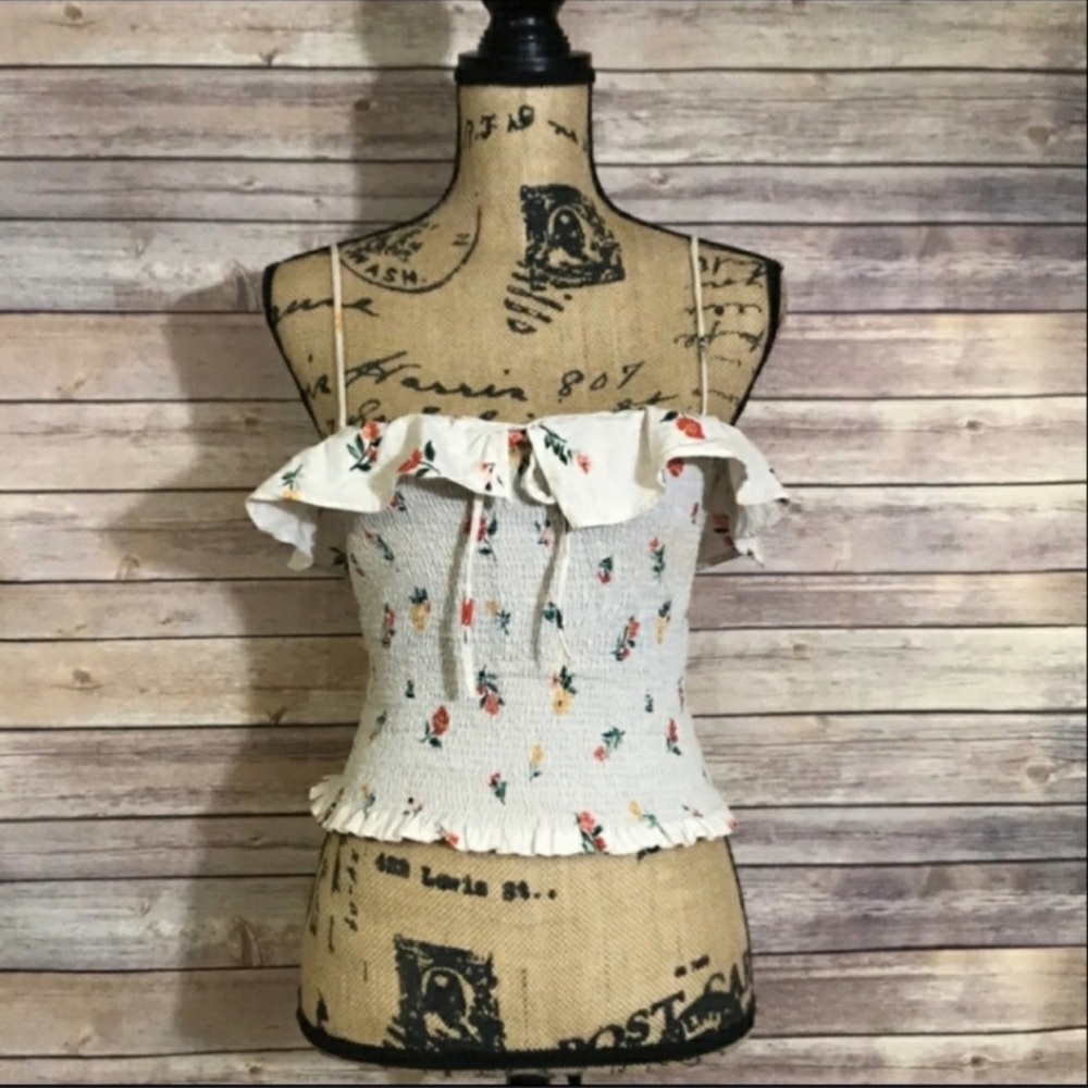 Zara Cream Floral Ruffle Trim Tube Top L - Picture 3 of 8